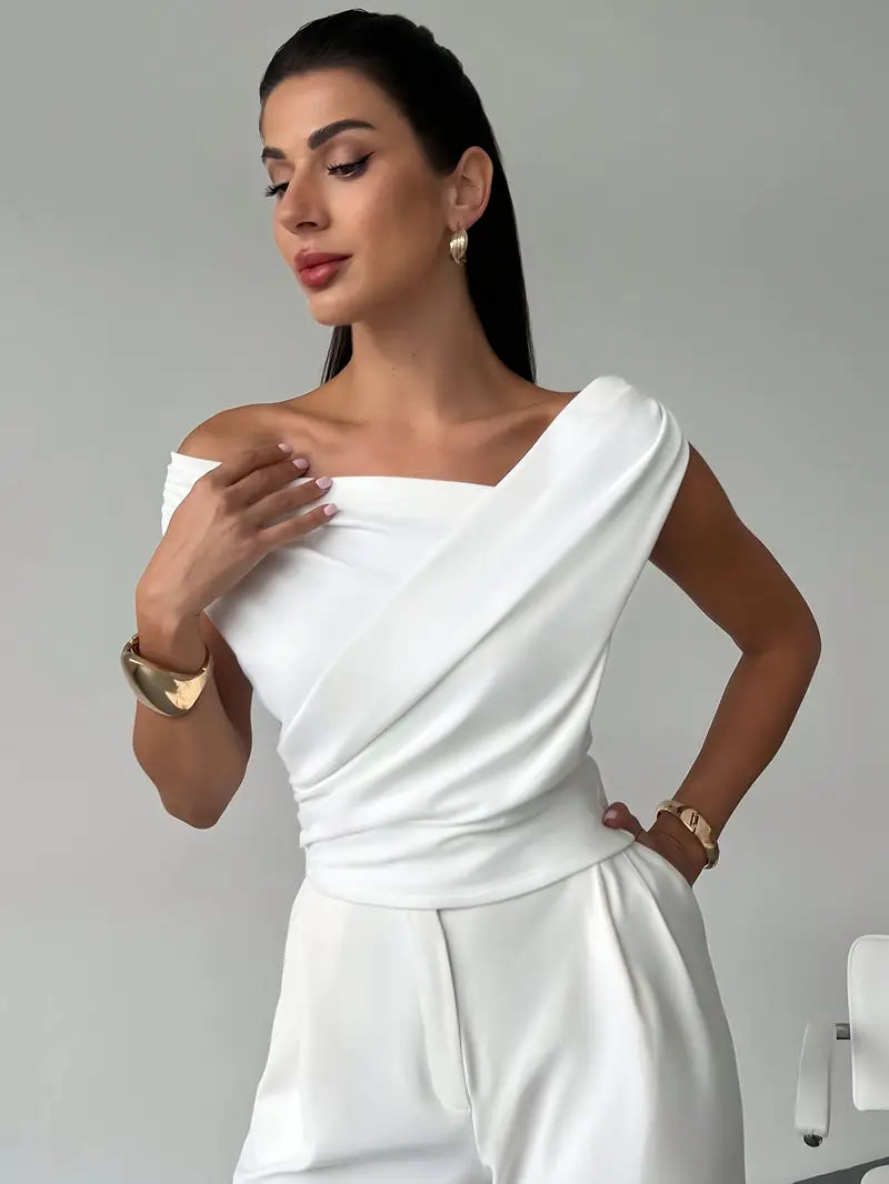 Elegancka Bluzka Damska Odkryte Ramiona Plisowana