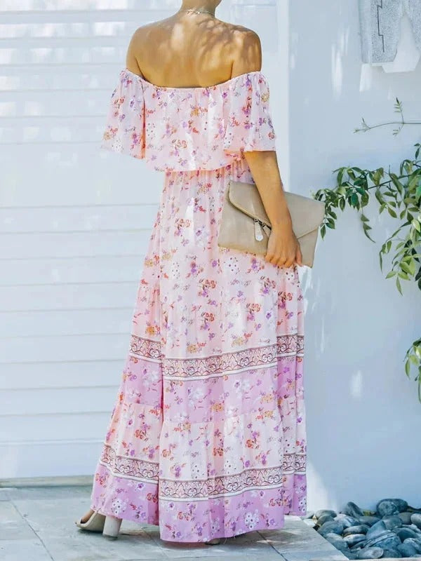 Damska Sukienka Maxi Floral z Odkrytymi Ramionami i Falbanami