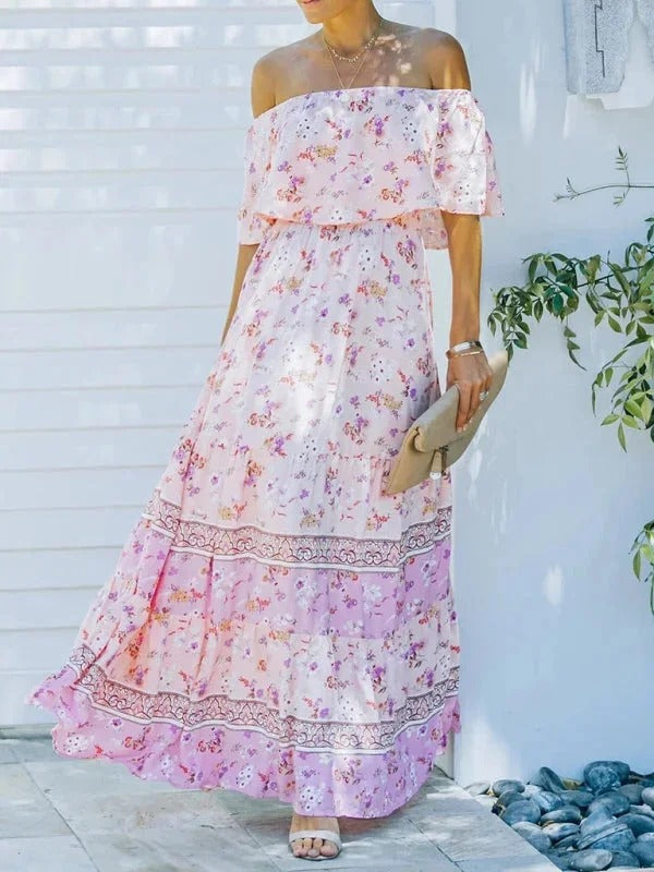 Damska Sukienka Maxi Floral z Odkrytymi Ramionami i Falbanami