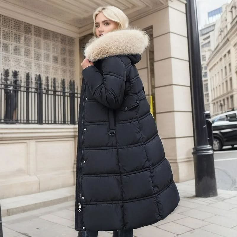 Elegante chaqueta puffer con cuello de piel sintética y cinturón para mujer