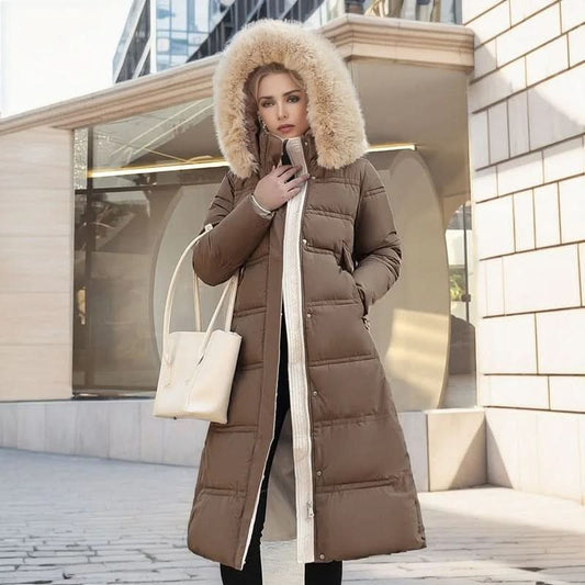 Elegante chaqueta puffer con cuello de piel sintética y cinturón para mujer
