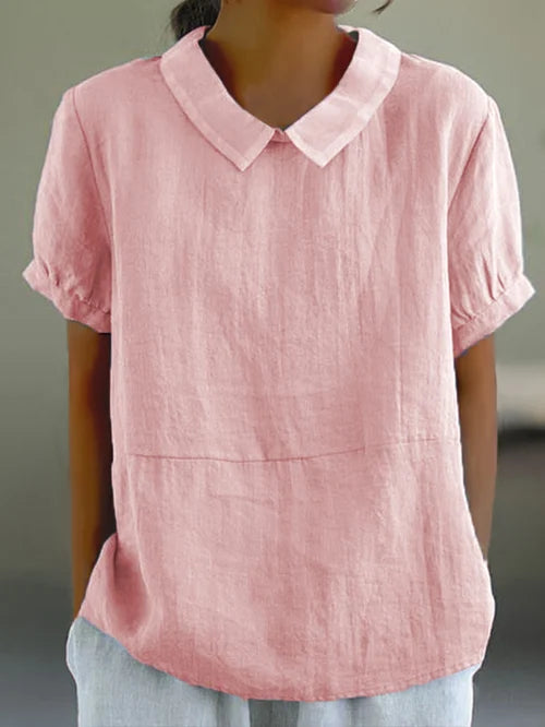 Aireada blusa de lino para mujer de manga corta con cuello abullonado