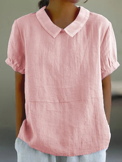 Aireada blusa de lino para mujer de manga corta con cuello abullonado