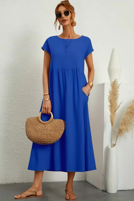 Elegante vestido midi con cuello redondo y corte clásico