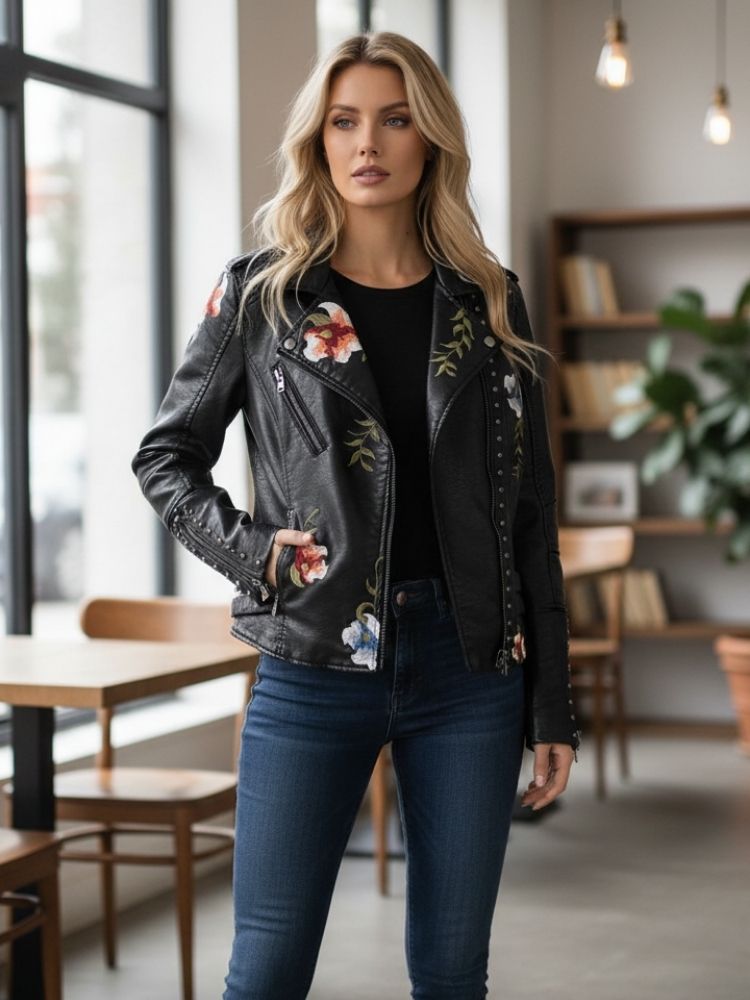 Maribel | Chaqueta de cuero para mujer con flores bordadas, chic y elegante