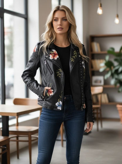 Maribel | Chaqueta de cuero para mujer con flores bordadas, chic y elegante