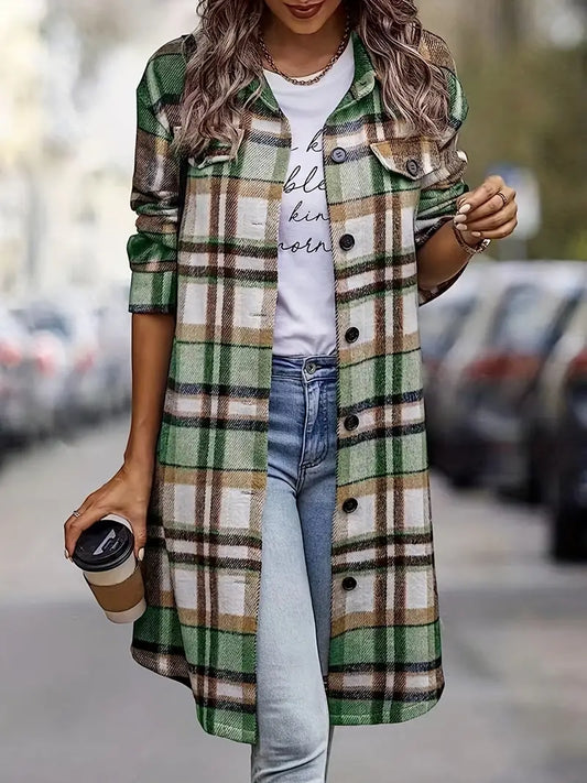 Chaqueta de moda de manga larga con estampado de cuadros y tapeta de botones