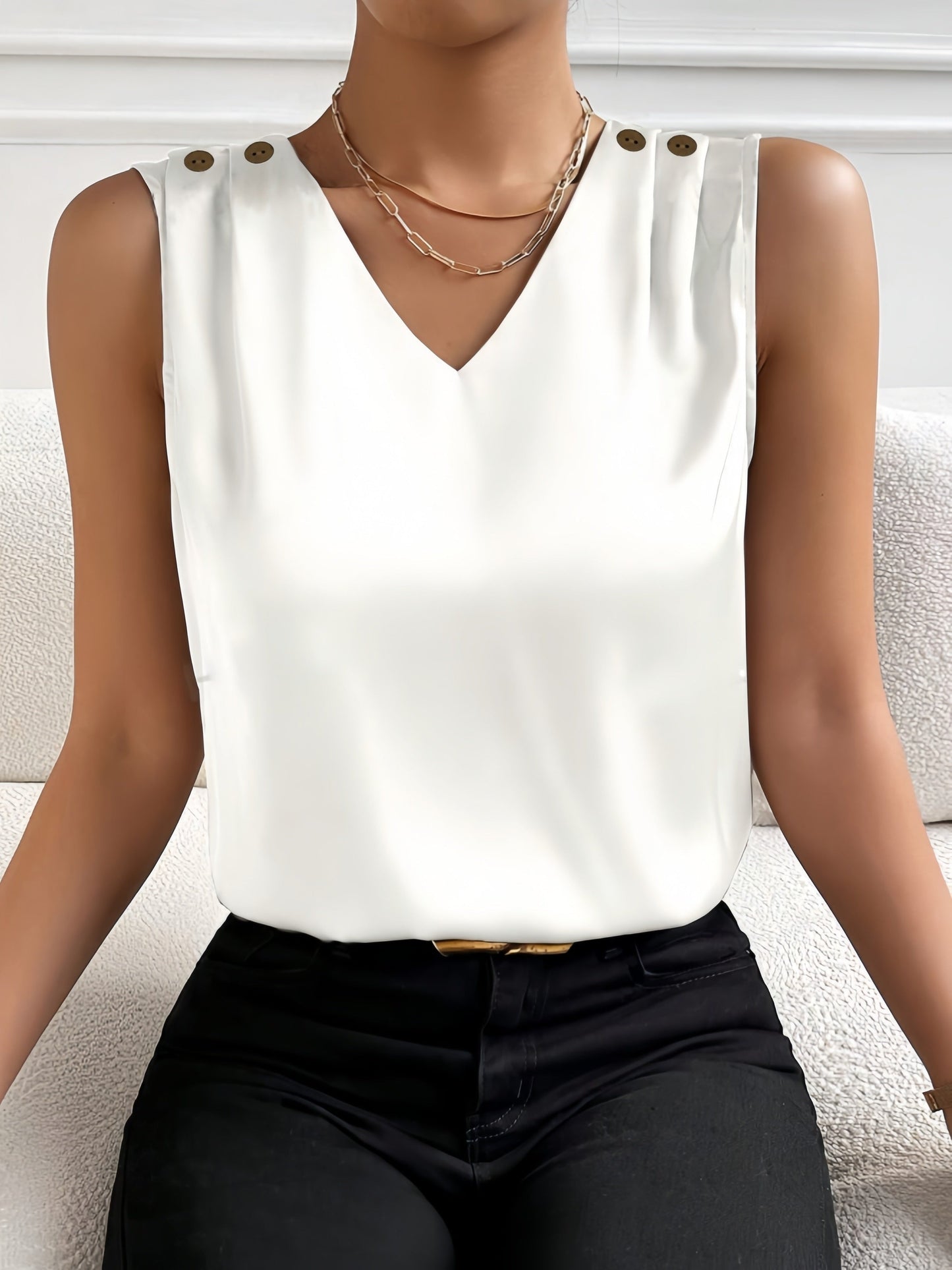 Blusa sin mangas con cuello en V - Diseño en color liso y tejido ligero