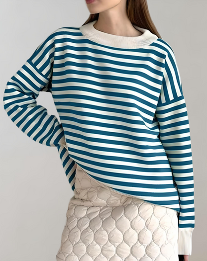 Janice - Elegante y cómodo jersey oversize de rayas con cuello redondo para mujer