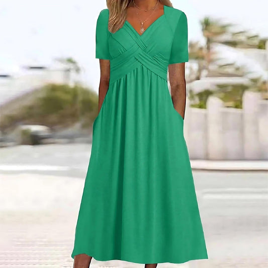 Vestido midi casual con estilo elegante y manga corta, ideal para llevar a diario.