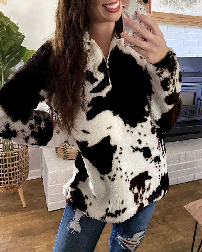 Sudadera de mujer con cremallera y estampado de vaca