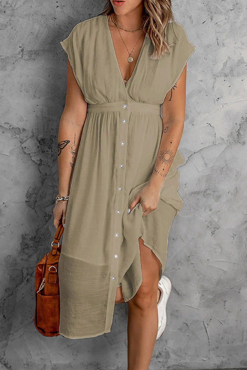 vestido liso de mujer con mangas profundas en V