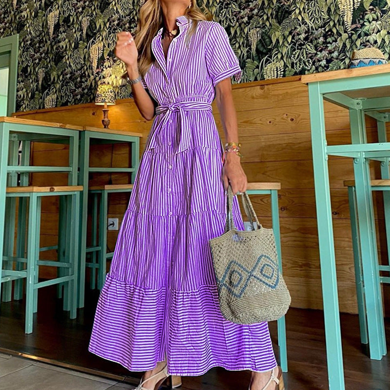 Fashion Striped Sleeves Loose Midi Dress Pantalones cortos