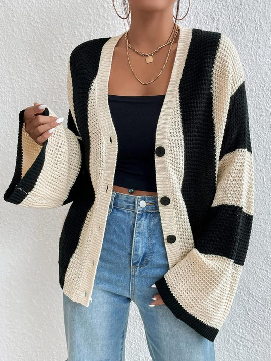 Chaqueta de punto a rayas con mangas de campana para mujer