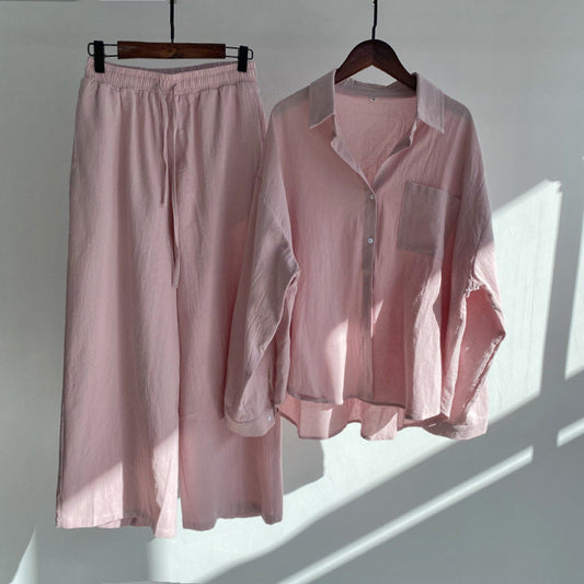 Camisa y pantalón de talle alto en algodón y lino