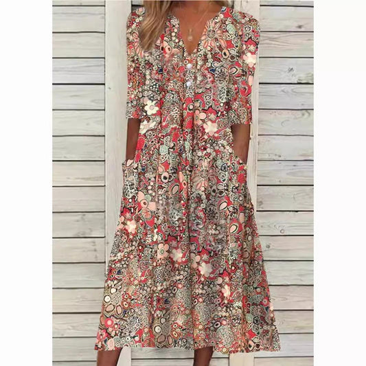 Vestido largo camisero con estampado floral y estilo elegante