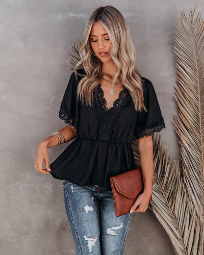 jersey de manga corta con cuello de pico camiseta de encaje de color liso top casual