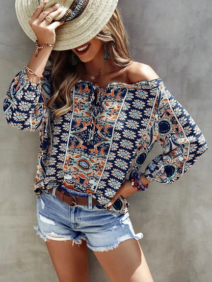 Bohemian Floral Printed Off-The-Shoulder Ruffle Shirt