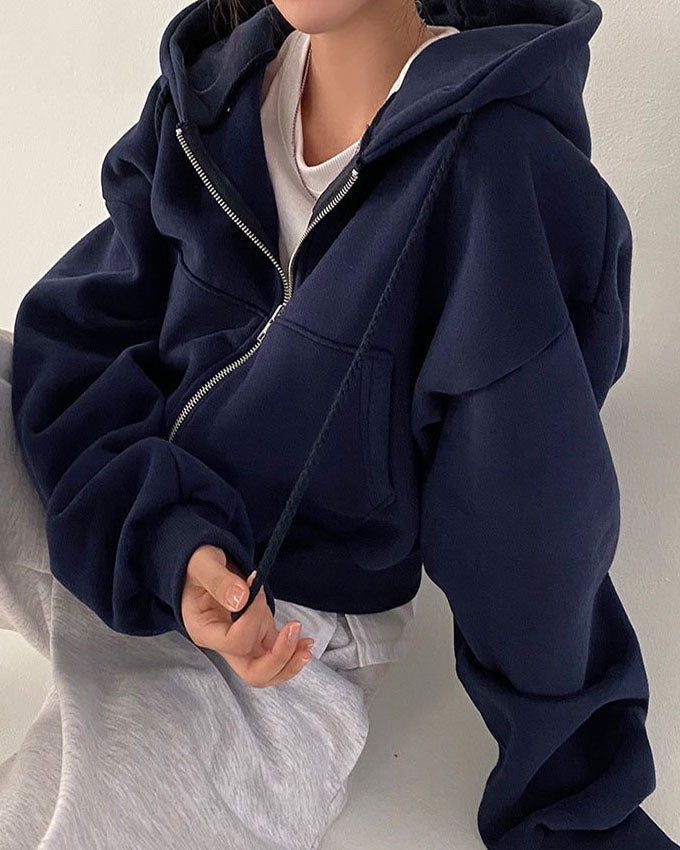 Sudadera con capucha de color liso, corta y holgada, estilo hip-hop, para mujer