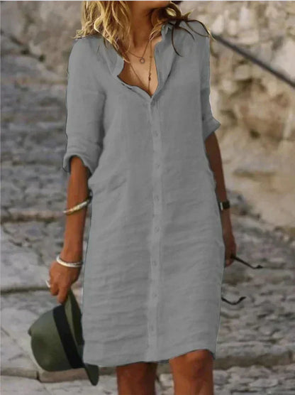 Vestidos de algodón liso con botones de solapa y media manga