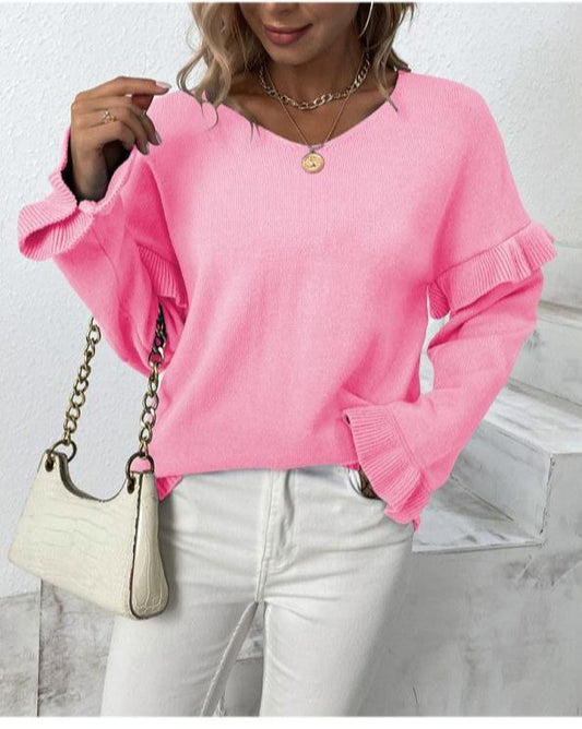 Jersey de mujer con cuello en V y manga pétalo | Colores sólidos