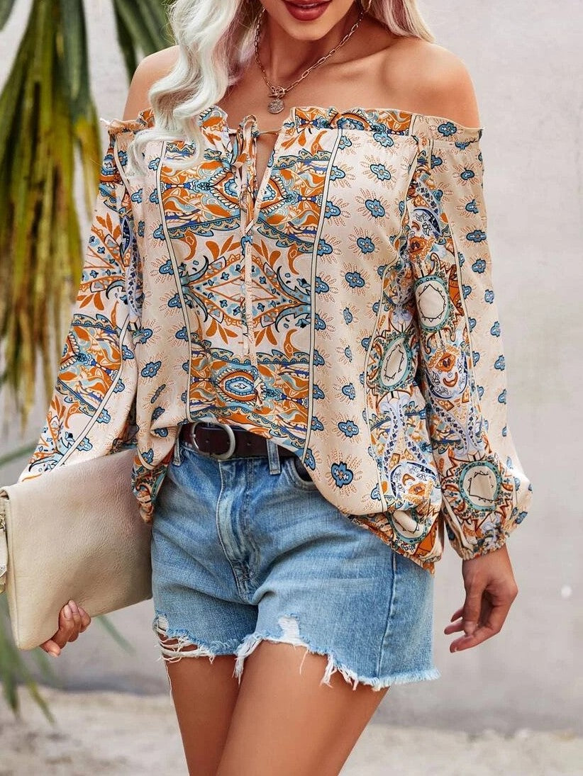 Bohemian Floral Printed Off-The-Shoulder Ruffle Shirt