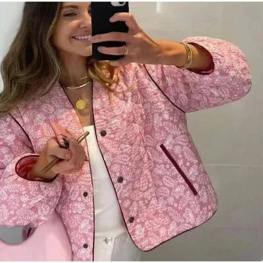 Cálida chaqueta acolchada con estampado floral para mujer