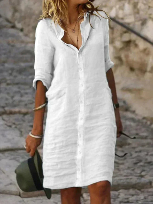 Vestidos de algodón liso con botones de solapa y media manga