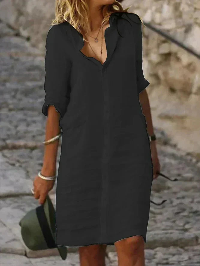 Vestidos de algodón liso con botones de solapa y media manga