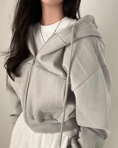 Sudadera con capucha de color liso, corta y holgada, estilo hip-hop, para mujer
