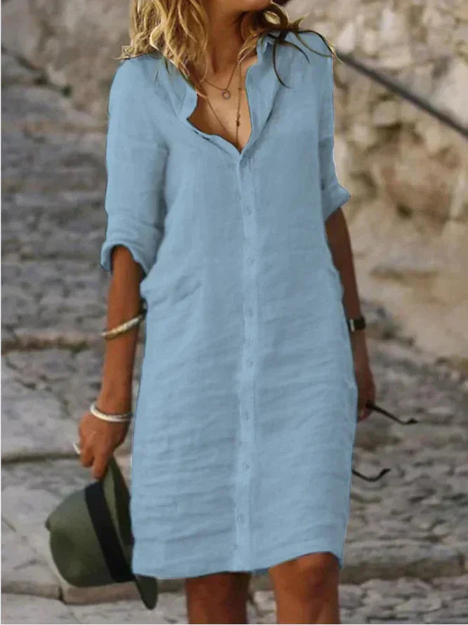 Vestidos de algodón liso con botones de solapa y media manga