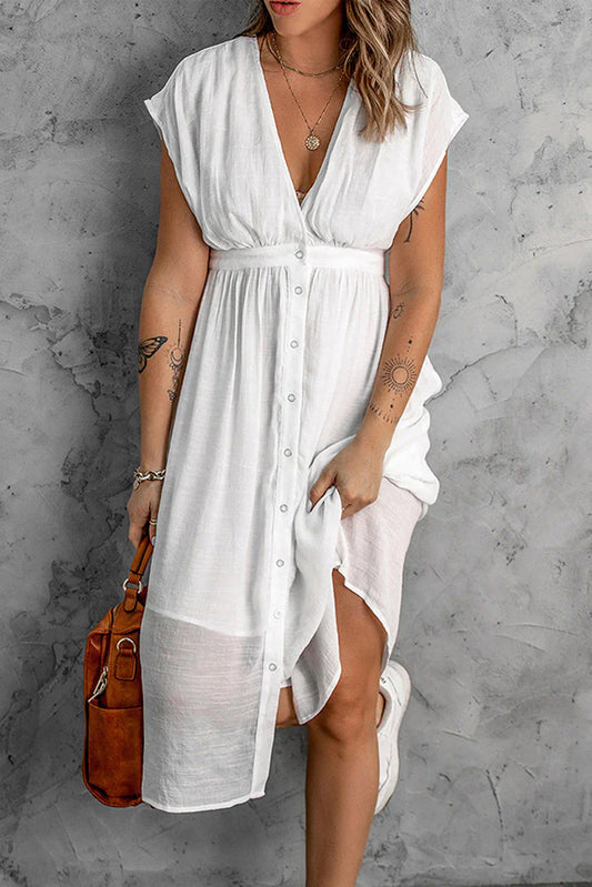 vestido liso de mujer con mangas profundas en V