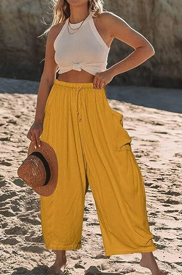 Pantalones anchos de algodón y lino con cintura elástica y bolsillos