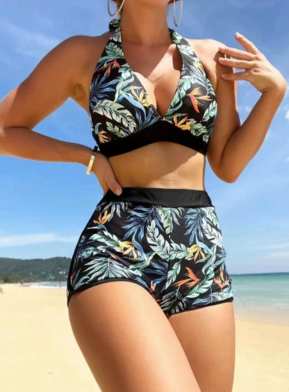 moda de las mujeres de la hoja de impresión correas de división bikini traje de baño