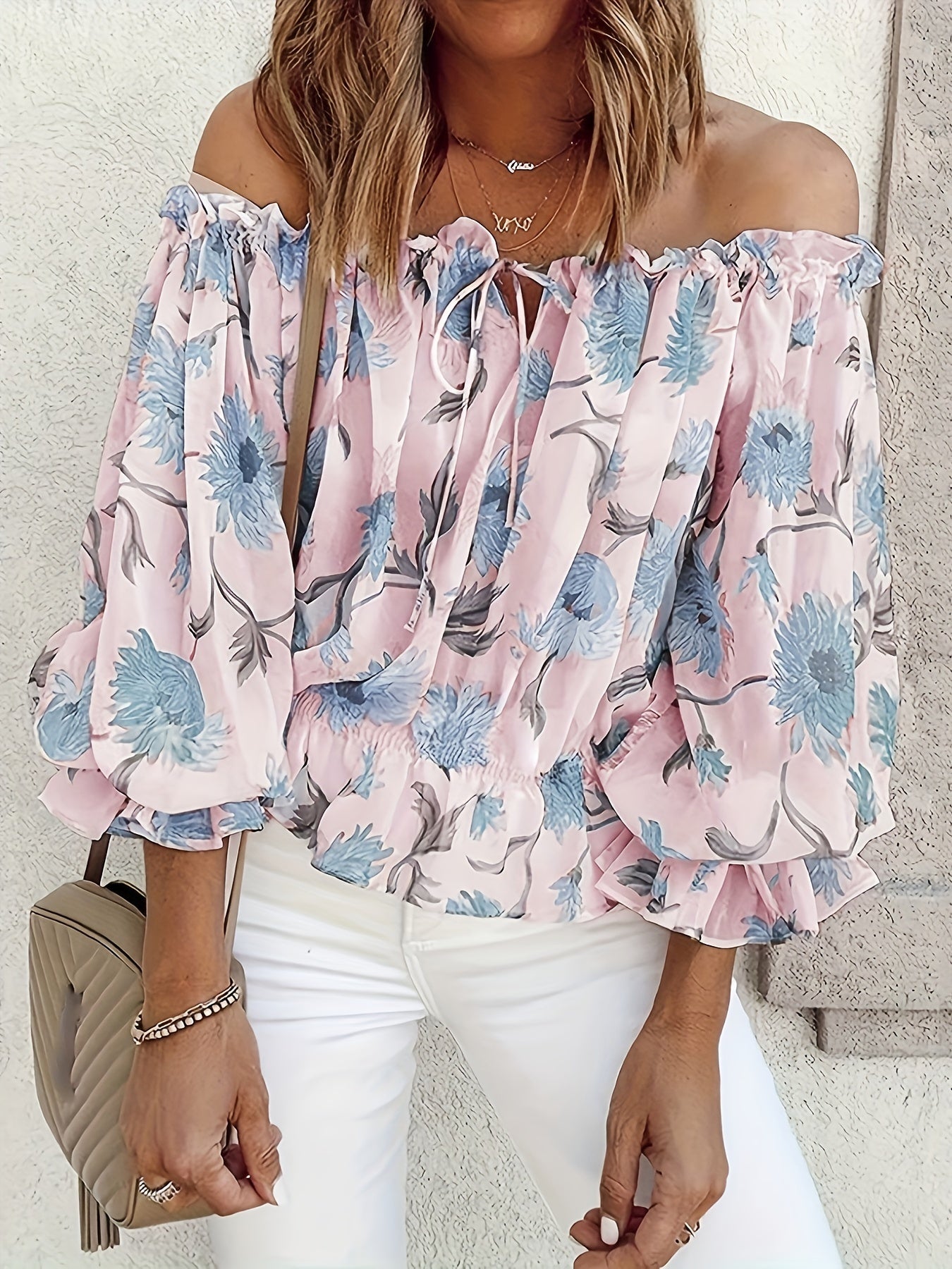 Blusa de gasa floral sin hombros - Mangas de farol plisadas y ligeras