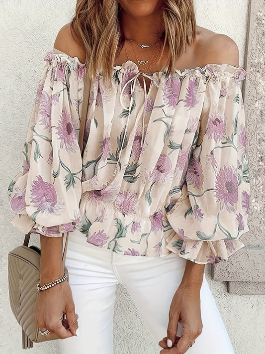 Blusa de gasa floral sin hombros - Mangas de farol plisadas y ligeras