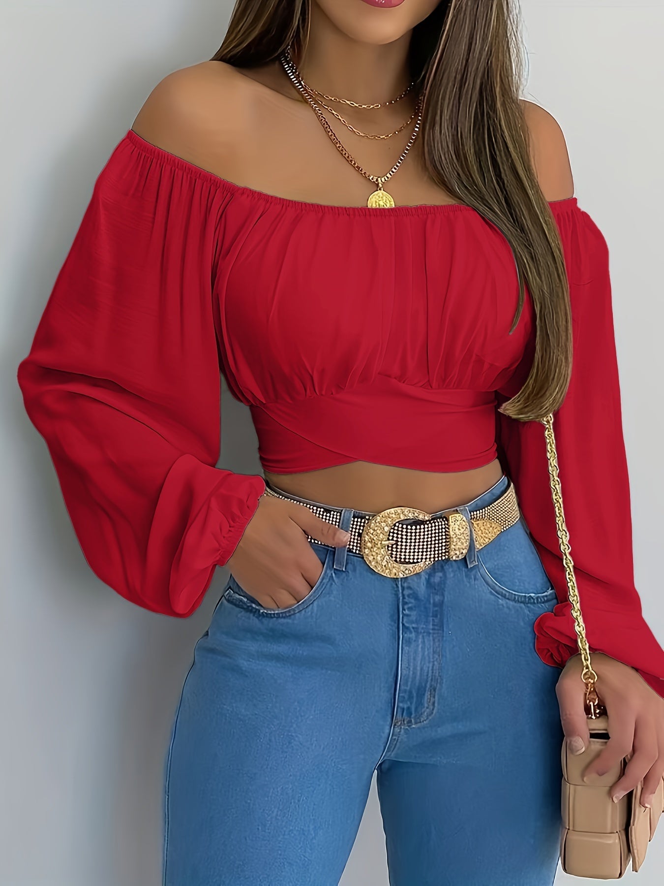 Off-Shoulder Tie Back Crop Blouse - Mangas largas y ajuste cómodo