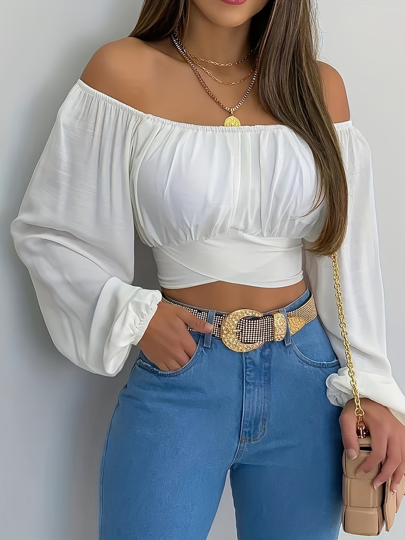 Off-Shoulder Tie Back Crop Blouse - Mangas largas y ajuste cómodo