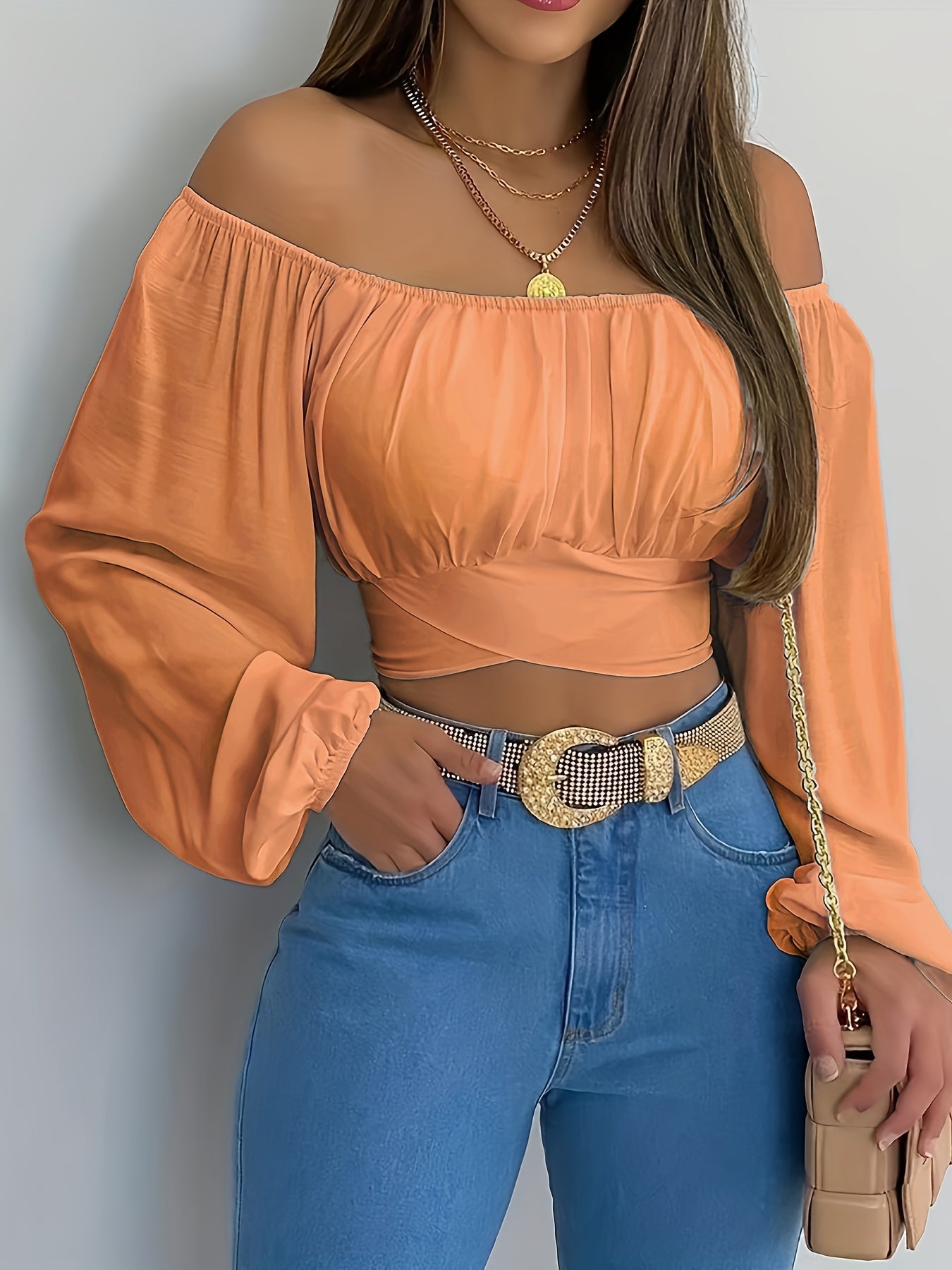 Off-Shoulder Tie Back Crop Blouse - Mangas largas y ajuste cómodo