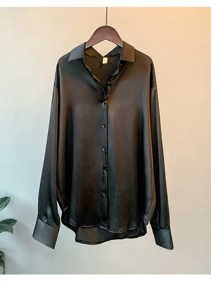 NOIMIE | Blusa coreana de satén de manga larga con cierre de un solo pecho