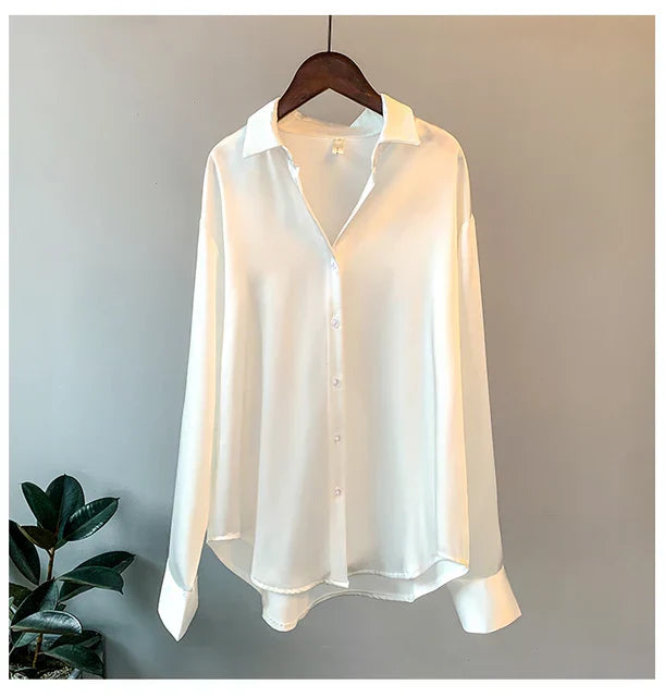 NOIMIE | Blusa coreana de satén de manga larga con cierre de un solo pecho