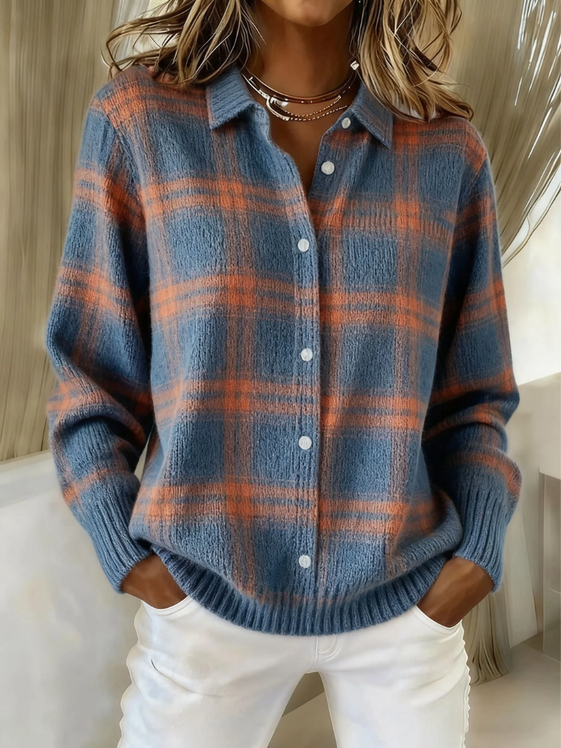 Kobiecy Sweter Rozpinany Polo w Kratę