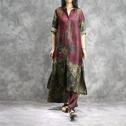 Organic-pantalones-con-piernas anchas-túnicas-de-seda-tallas-plus-rojos-vestidos-verano-dos-piezas