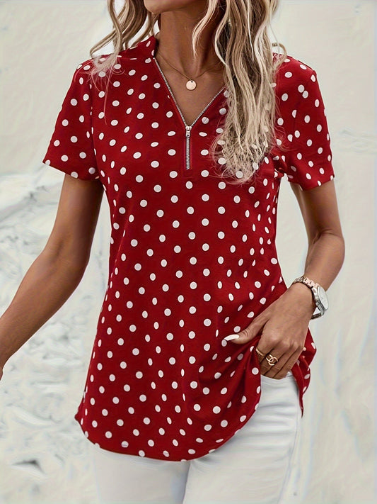 Blusa de lunares con cuello en V, cremallera frontal y mangas cortas