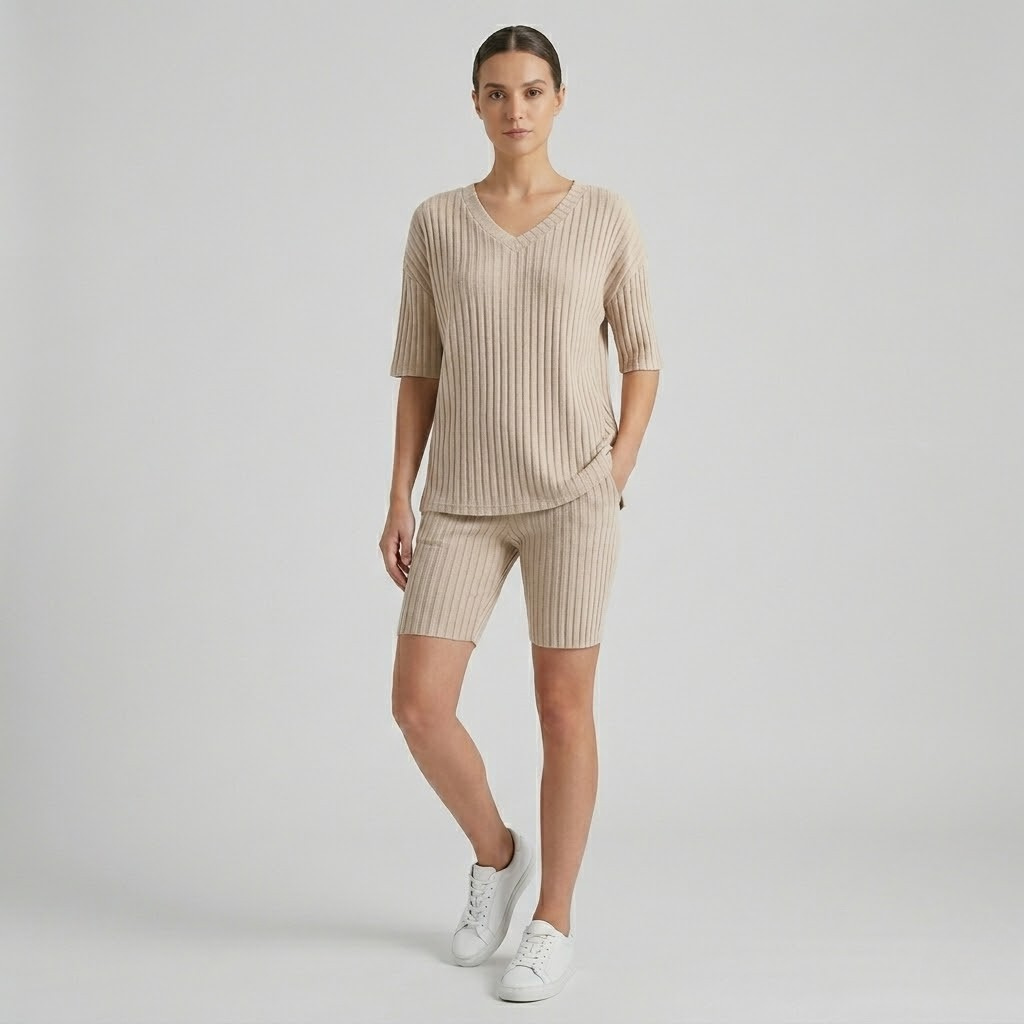 Prążkowany komplet v-neck