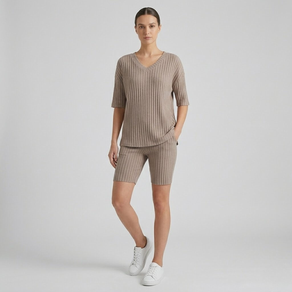 Prążkowany komplet v-neck