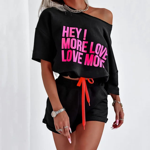 Love - Conjunto de pantalón corto con estampado de letras y pantalón corto elástico