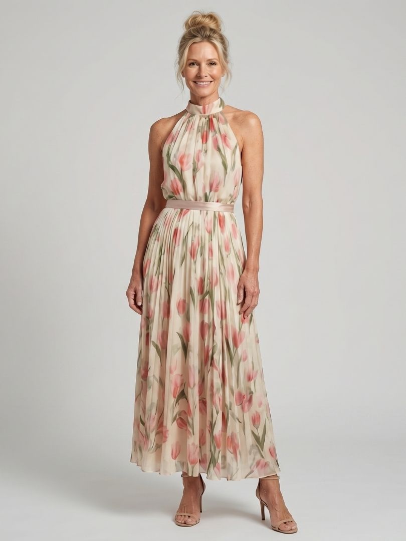 Damska Sukienka Maxi Plisowana Halter w Kwiaty