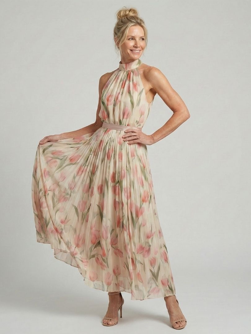 Damska Sukienka Maxi Plisowana Halter w Kwiaty