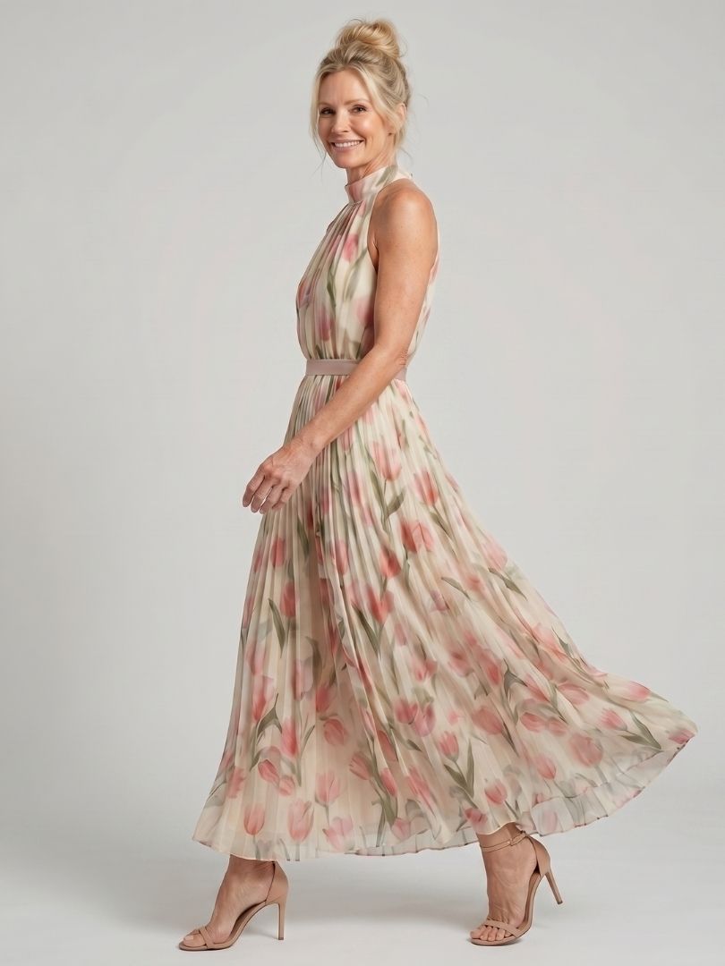 Damska Sukienka Maxi Plisowana Halter w Kwiaty
